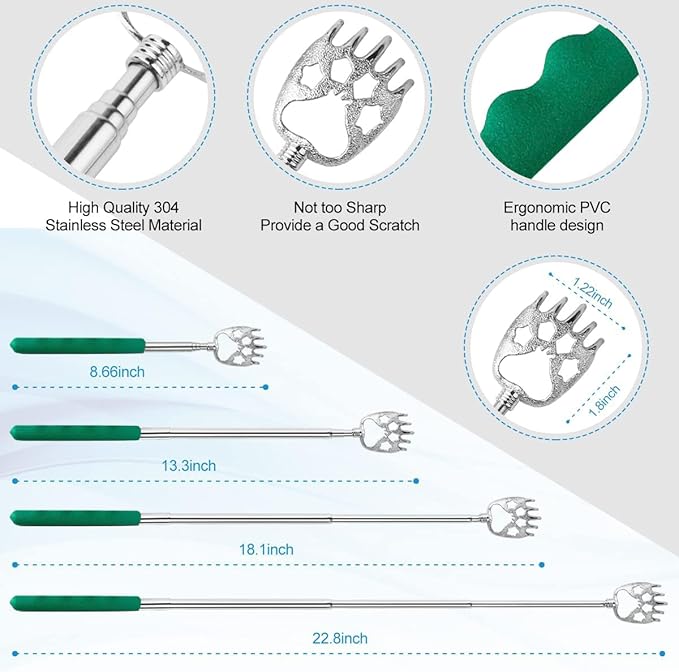 3 Pack Different Back Scratcher Metal Portable Telescoping Back scratchers with Rubber Handles, Extendable Back Massager Tool with Beautiful Box Great Stocking Stuffers（Green）