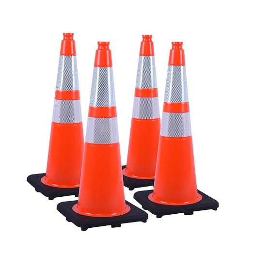 4 Pack 28" inch Orange PVC Traffic Safety Cones with Reflective Collars and Heavy Duty Black Rubber Base, Durable Cones for Parking Lots, Roadwork, Driveways and Event Use