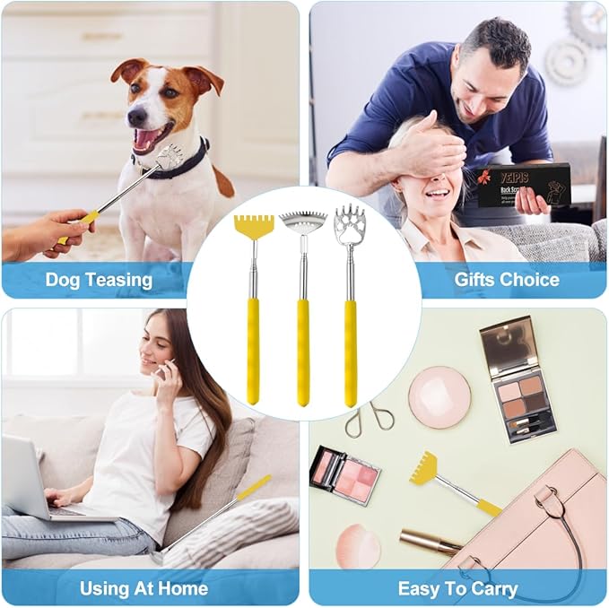 3 Pack Different Back Scratcher, Extendable Manual Back Massager Tool Metal Portable Telescoping Back scratchers with Beautiful Box Gifts for Men Women Kids Adults（Yellow）
