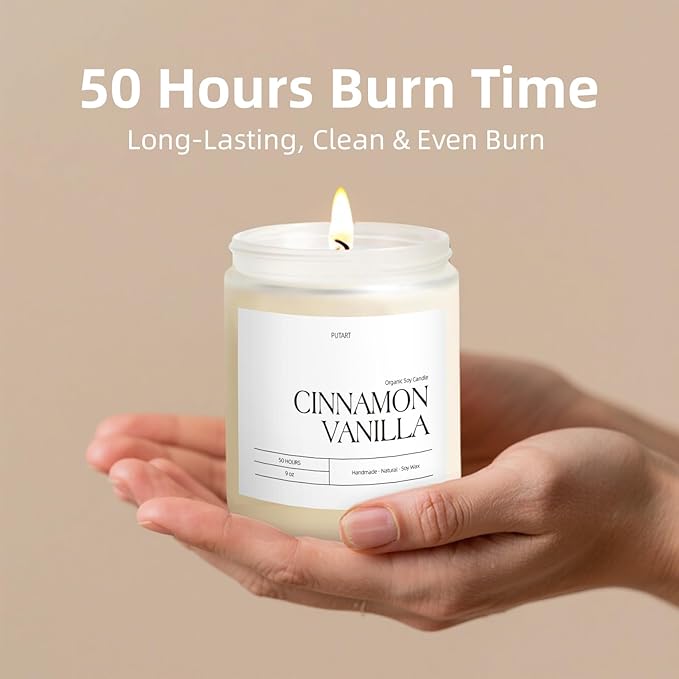 Cinnamon Vanilla Candles for Home Scented, Natural Soy Wax Aromatherapy Non Toxic Heavy Scented Candle with Essential Oil, Home Fragrance Stress Relief Jar Candles Gifts for Women & Men 9oz