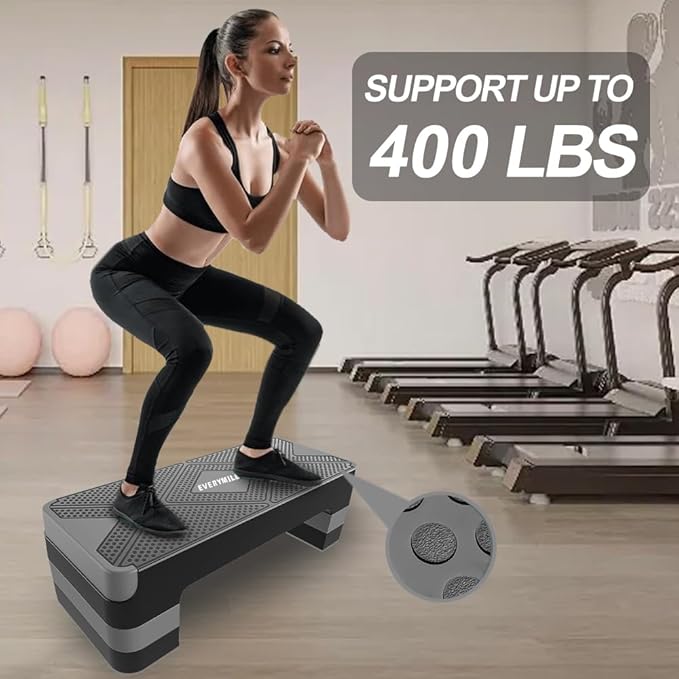 EVERYMILE Aerobic Exercise Step, Adjustable Aerobic Stepper for Exercise, Workout Step Platform, Step Up Box, 26.5" Step Deck with 4” 6” 8” Adjustable Height Risers, Women Home Gym Fitness