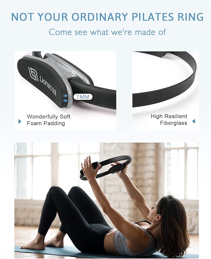 LIONSCOOL Pilates Ring Set – 14" Anti-Deformation Magic Circle with Padded Handles, Mini Ball, Resistance Bands, Guide & Bag