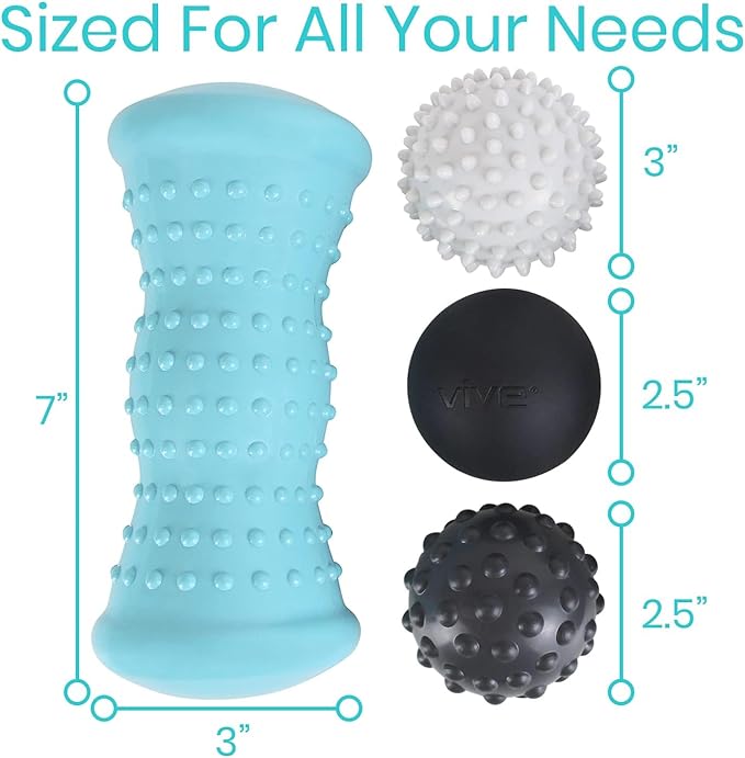 Vive Massage Ball Set (4 Piece) - Plantar Fasciitis Relief Foot Pain Hot Cold Therapy - Heel Spur, Sore Muscle, Trigger Point, Back, Arm, Neck, Shoulder, Leg Circulation Roller