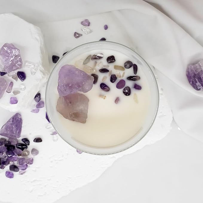 Healing Crystal Candle, Scented Candle Infused Amethyst and Clear Quartz Crystals, English Pear&Freesia Scented,Positivity Energy Wellness, Gift for Women Aromatherapy Clean Vegan 10Oz Jar