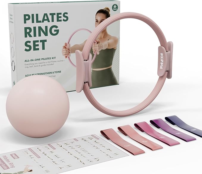 PAETA Pilates Ring Set – 14” Magic Circle (38 lbs Resistance), 9.8” Pilates Ball, 5 Resistance Bands, and Exercise Guide Included for Home Workouts