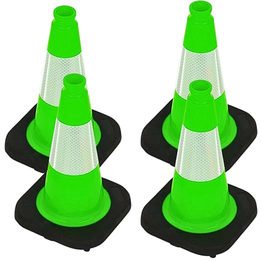 BESEA 4Pack 12 Inch Green Traffic Cones with 4 Inch Reflective Collar, Heavy Duty PVC Safety Cones with 8.5 x 8.5 Inch Base for Parking, Driving Practice, Sports Training, and Construction
