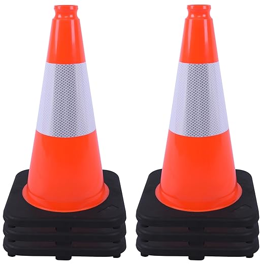 OrangeStar 18" Traffic Cones 6-Pack with Weighted Rubber Base, 6" Reflective Collar, Orange Safety Cones for Parking Lot, Road Construction, Warehouse, Highway, Weatherproof PVC