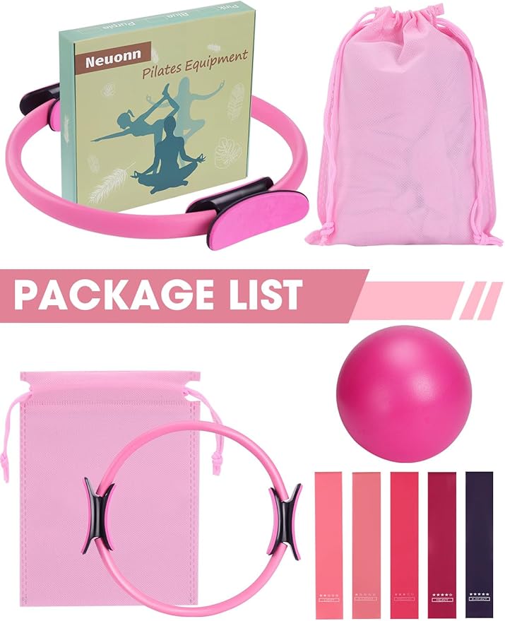 Pilates Ring Set for Home Workout, Pilates Essentials Kit for Women, [12'' Fitness Circle, Pilates Balls, Resistance Bands] Starter Set for Yoga, Exercise, Toning and Flexibility