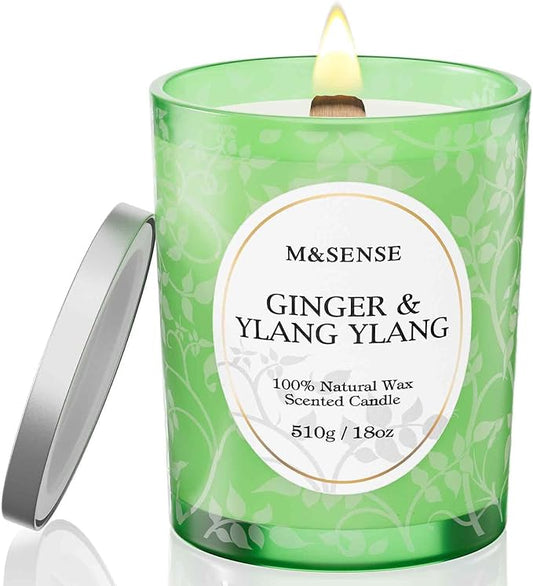 M&SENSE Ginger Ylang Ylang Scented Candle, Cracking Wooden Wick Soy Wax, 18oz 100 Hours Long Lasting Clean Burn, Large Jar Candles for Home Decor, Non-Toxic Relaxing Aromatherapy Gifts for Women
