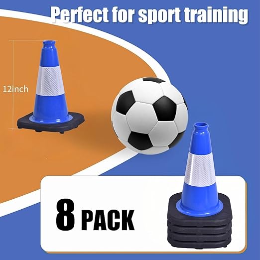 BESEA 8Pack 12 Inch Blue Traffic Cones with 4 Inch Reflective Collar, Heavy Duty PVC Safety Cones with 8.5 x 8.5 Inch Base for Parking, Driving Practice, Sports Training, and Construction