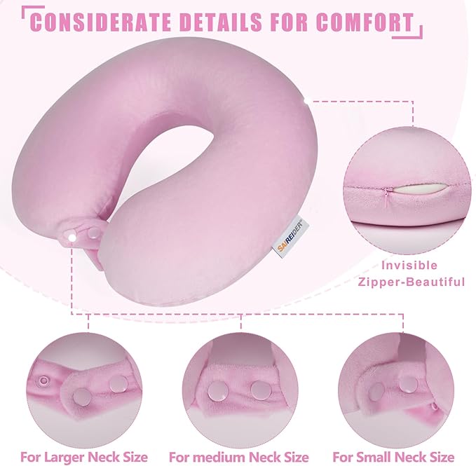 SAIREIDER Travel Neck Pillow 100% Memory Foam, Airplane Rest Prevents Head from Falling Forward, Plane Accessories with Storage Bag, Sleep Mask and Earplugs (Pink)
