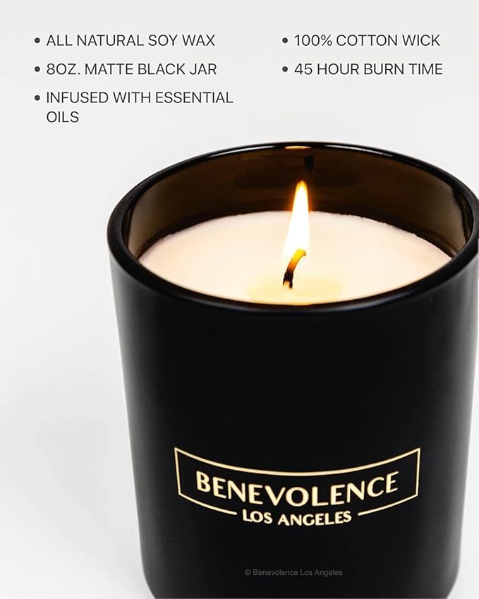 Benevolence LA Rose & Sandalwood Scented Candle | Soy Candles, Black Candle for Home | Gifts for Women and Men | Home Fragrance | Aromatherapy | 8oz, 45 Hour Burn