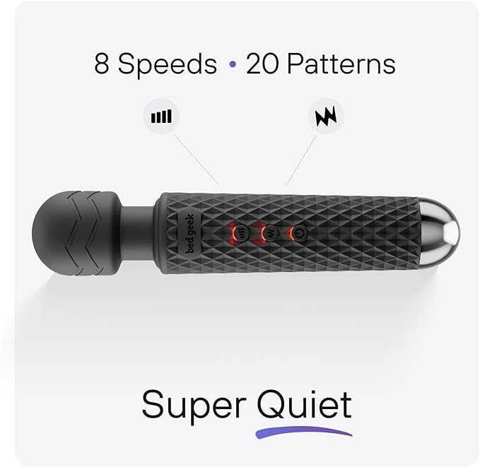 bed geek Handheld Cordless Personal Wand Massager – Waterproof, USB Rechargeable, 20 Vibration Patterns, 8 Speeds, Memory Feature, Skin-Soft Silicone for Ultimate Relaxation Tool (Black)
