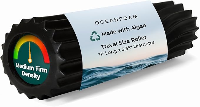 Oceanfoam Ripple Travel Foam Roller (11" x 3.35") Firm Mini Foam Roller for Physical Therapy, Deep Tissue Massage, Back Pain - High Density, Ergonomic Wave Textured - Yoga, Pilates, Exercise (Black)