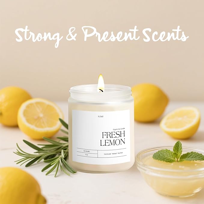 Fresh Lemon Highly Scented Candle for Home, 9oz Natural Soy Aromatherapy Non Toxic Candles with Essential Oil, Home Fragrance Stress Relief & Meditation Jar Candles Gifts for Women & Men, White