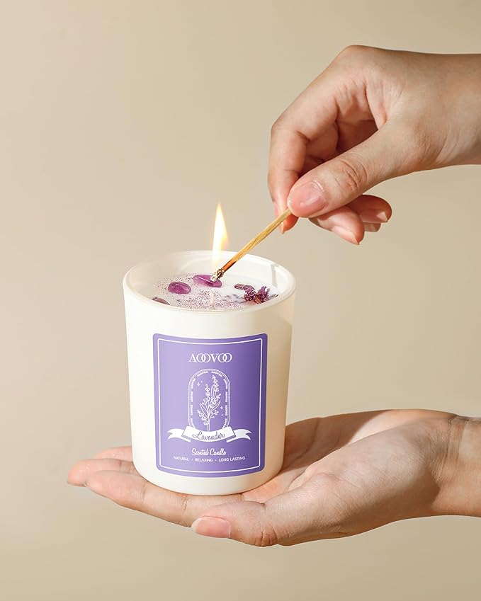 AOOVOO Lavender Candles Set for Women - 4 Pack Candles for Home Scented, Aromatherapy Candle with Crystals Inside, 28 oz 200 Hour Long Lasting, Birthday Gifts Mothers Day Candle for Women Mom