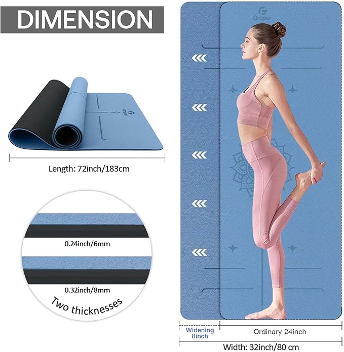 Yoga Mat Non Slip TPE Extra Wide Yoga Mat with Alignment Mark, 72"L x 32"W x 0.32"/0.24"Th (183cm x 80cm x 8mm/6mm), Anti-Tear Exercise Mat with Carrying Strap and Bag, Workout Mats for Yoga, Pilates