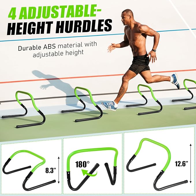 Agility Ladder, Soccer Speed Training Equipment, Football Practise Set with 20ft Ladder, 12 Cones, 4 Adjustable Hurdles, Jump Rope, Parachute, for Basketball, Football, Kids, Youth, Adults