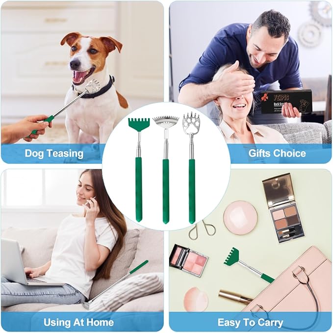 3 Pack Different Back Scratcher Metal Portable Telescoping Back scratchers with Rubber Handles, Extendable Back Massager Tool with Beautiful Box Great Stocking Stuffers（Green）