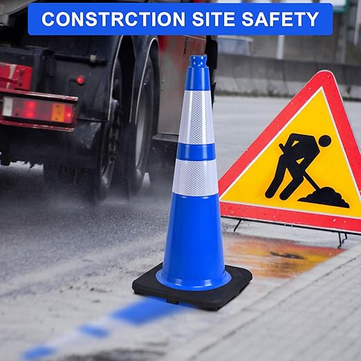 OrangeStar 4-Pack 28" Traffic Cones, Blue Safety Cones with Reflective Collars, Heavy Duty Base for Construction, Parking Lot, Road Work, Flexible PVC, Indoor & Outdoor Use