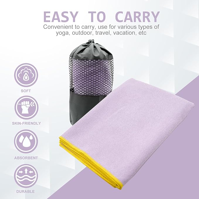 Eunzel Hot Yoga Towel - Microfiber Non Slip Yoga Mat Towel with Grip Dot Sweat Absorbent Towel for Hot Yoga, Pilates and Fitness 72" x 24", Taro Purple/Yellow