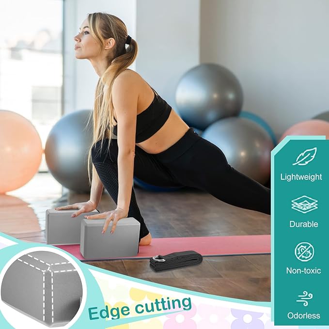 Meooeck 18 Pcs Yoga Block and Strap Set 9 x 6 x 3 Inch EVA Foam Non Slip Brick 8 ft Yoga Straps for Stretching D Ring Design for Back to School Pilates Fitness Workout Exercise