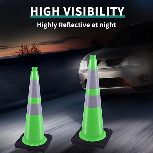 BESEA 6Pack 28" inch Traffic Cones Green Safety Cones with 6 inch Reflective Collar for Home Driveway Road Parking Use(6 Cones)