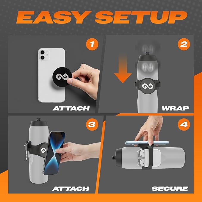 Gymmi Magnetic Water Bottle Phone Holder – One-Piece Silicone Strap for Gym | Holds Phone, Keys & Earbuds | Fits 12–40 oz Bottles (Night Black)