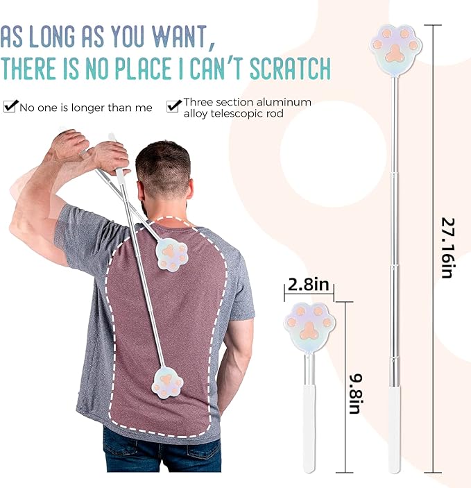 Cat Paw Back Scratcher, Extendable Metal Telescopic Back scratchers with 27 in Long Handle, Relief of Itches, Gift for Man and Woman (Colorful)