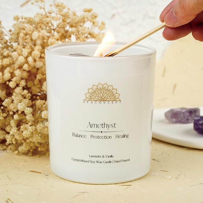 Healing Crystal Candle, Scented Candle Infused Amethyst and Clear Quartz Crystals, Lavender & Vanilla Scented,Positivity Energy Wellness, Gift for Women Aromatherapy Clean Vegan 10Oz Jar
