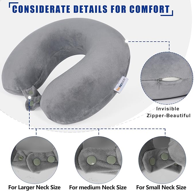 SAIREIDER Travel Pillows for Sleeping Airplane 100% Pure Memory Foam Neck Pillow for Airplanes Washable Cover(Grey)