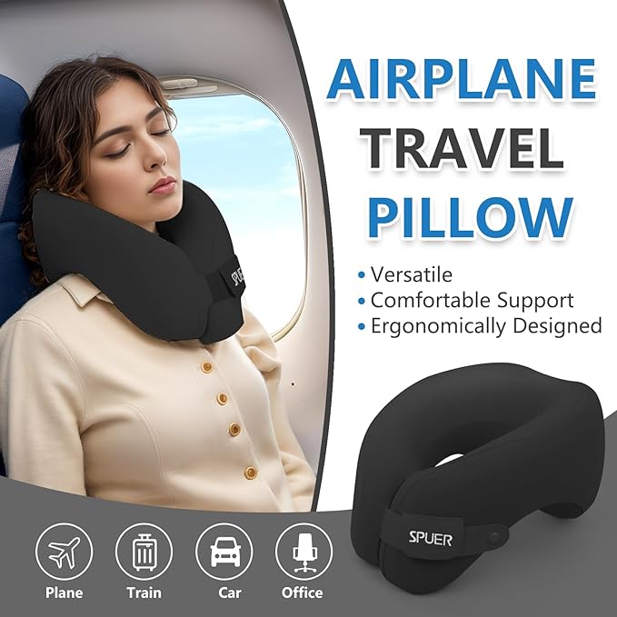 2in1 Ergonomic Memory Foam Travel Neck Pillow – 2025 Upgrade Travel Pillow for All Sleep Positions on Flights, Road Trips, and Long Distance Travel with Drawstring Bag (Adjustable - Black)