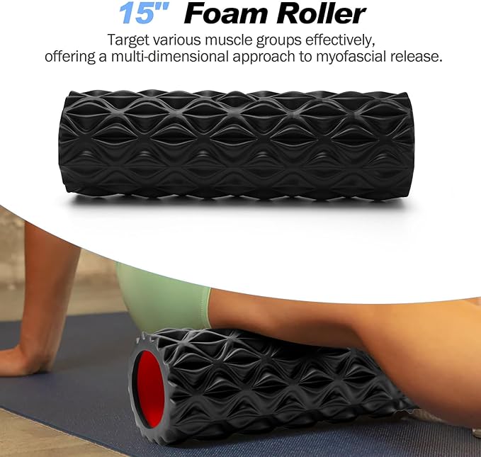 5 in 1 Foam Roller Set Trigger Point Foam Roller, Massage Roller Stick, Massage Ball, Stretching Strap for Deep Muscle Massage Pilates Yoga, Fitness Exercise for Whole Body (Black Diamond)