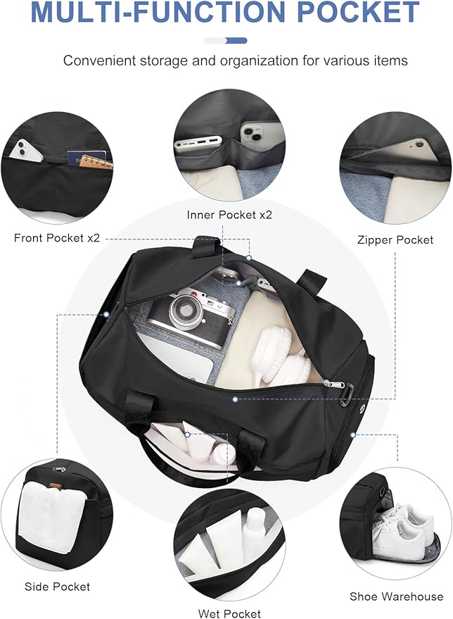 Gym Bag for Women Men with Shoe Compartment, Sport Duffel Bag, Waterproof Travel Weekender Overnight Carry on Bag for Yoga with Trolley Sleeve, Black