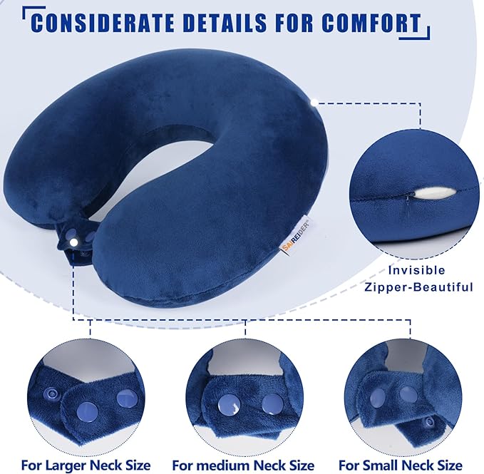 SAIREIDER Travel Pillow 100% Memory Foam Airplanes Neck Pillows -Prevent The Heads from Falling Forward Travel Neck Pillows with Sleep Mask and Earplugs (Navy Blue)