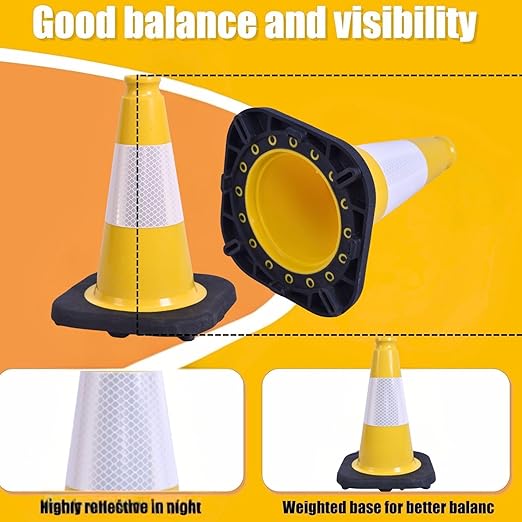 BESEA 4Pack 12 Inch Yellow Traffic Cones with 4 Inch Reflective Collar, Heavy Duty PVC Safety Cones with 8.5 x 8.5 Inch Base for Parking, Driving Practice, Sports Training, and Construction