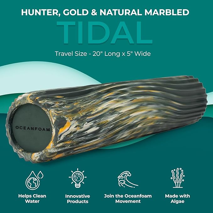 Oceanfoam Tidal Roller - Hunter, Gold & Natural Marbled - Muscle Massage Foam Roller for Back Pain & Stretching - Firm & Ergonomic Wide Wave Textured - Yoga, Athletics, Wellness - Full Size, 20" x 5"