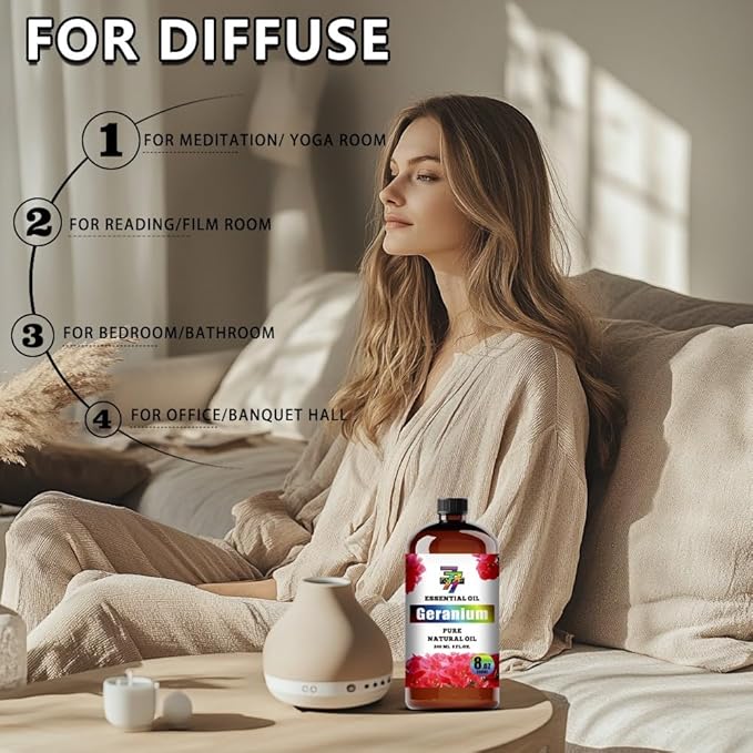 Geranium Essential Oil (8 oz / 240 ml) – Geranium Oils for diffusers, humidifiers, Home Baths, Cleaning Products, Yoga, DIY Soaps and DIY Scented Candles