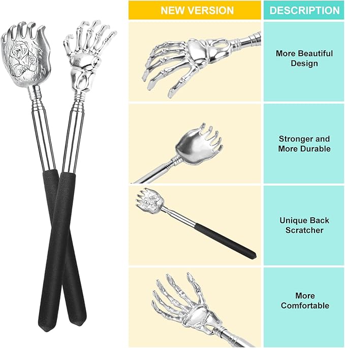 Oversized Back Scratcher Gift Set, 4 Pack Portable Extendable Stainless Steel Telescoping Massage Tool, Gift/Stocking Stuffers for Men Women