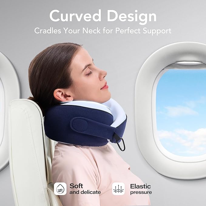 Travel Pillow, 100% Pure Memory Foam Travel Neck Pillow Airplane Neck Support Ergonomic Design for Traveling Suitable for Airplanes,Offices and Cars-Cooling Silk Blue