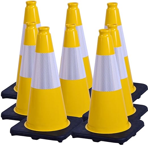 BESEA 8Pack 18 Inch Yellow Traffic Cones with 6 Inch Reflective Collar, Heavy Duty PVC Safety Cones with 10.5 x 10.5 Inch Base for Parking, Driving Practice, Sports Training, and Construction