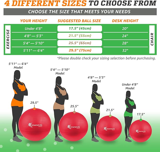 SmarterLife Exercise Ball Yoga Ball for Fitness, Balance, Stability, or Pregnancy, Gym Ball for Core Workout, Physical Therapy, Yoga Ball Chair for Office, Anti-Slip Anti-Burst