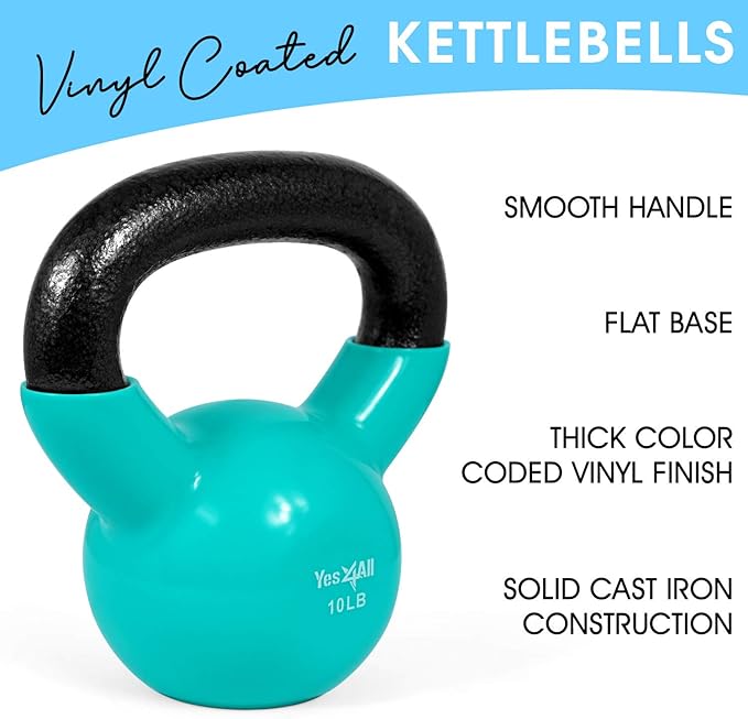 Yes4All Kettlebell, Vinyl Coated Kettlebell Cast Iron Sets with Stable Flat Bottom for Full Body Workout, Push up, Grip Strength Training & Weights Exercises