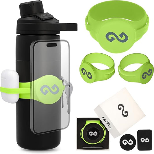 Gymmi Magnetic Water Bottle Phone Holder – One-Piece Silicone Strap for Gym | Holds Phone, Keys & Earbuds | Fits 12–40 oz Bottles (Neon Green)