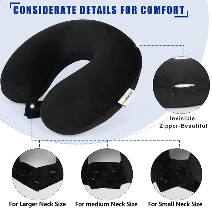 SAIREIDER Travel Pillow 100% Pure Memory Foam Travel Neck Pillow, Airplane Pillow for Traveling、Car、Home、Office，Washable Cover（Black）