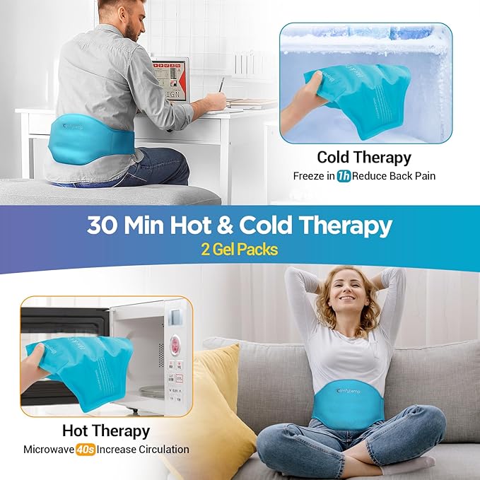 Comfytemp Ice Pack for Back Pain Relief, 2 Packs, FSA Eligible, Reusable Gel Lower Back Wrap Ice Brace for Sciatica Injuries, Hot Cold Compression for Lower Lumbar, Waist, Men Women After Surgery Gift