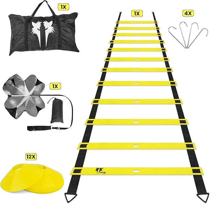 20ft Sports Agility Ladder for Men Women and Kids, Speed Youth Soccer Agility Training Equipment for Football, Exercise, Tennis, Legs Workout with Speed Parachute with, Cones and Carry Bag