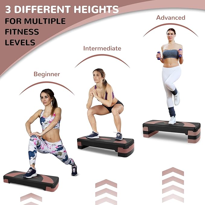 Fitvids Step Aerobic Platform, 31" Exercise Step with 3 levels Adjustable Height, 4 Stackable Risers, Fitness Training Workout Stepper for Home Gym, Cardio Strength, Black & Pink