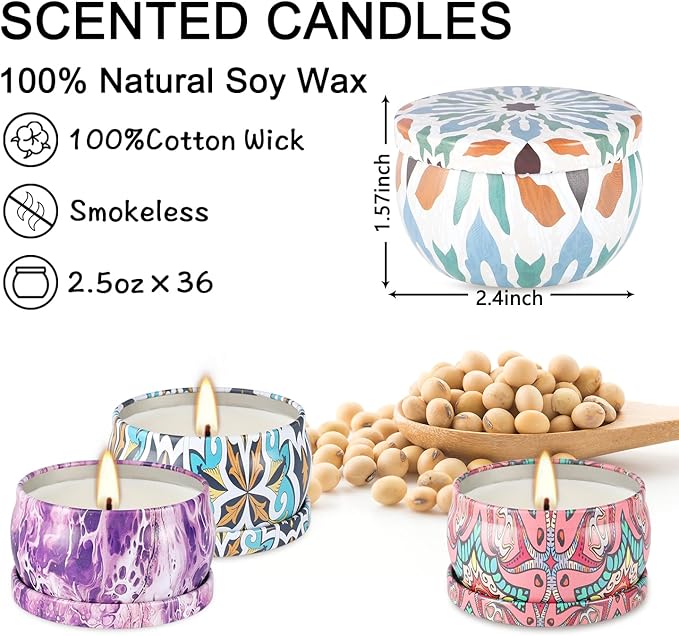 36 Pack Scented Candles Set for Home, Relaxing Stress Relief, Aromatherapy - Natural Soy Wax and Fragrance - Gifts for Women, Mom, Best Friend, Wife, Birthday