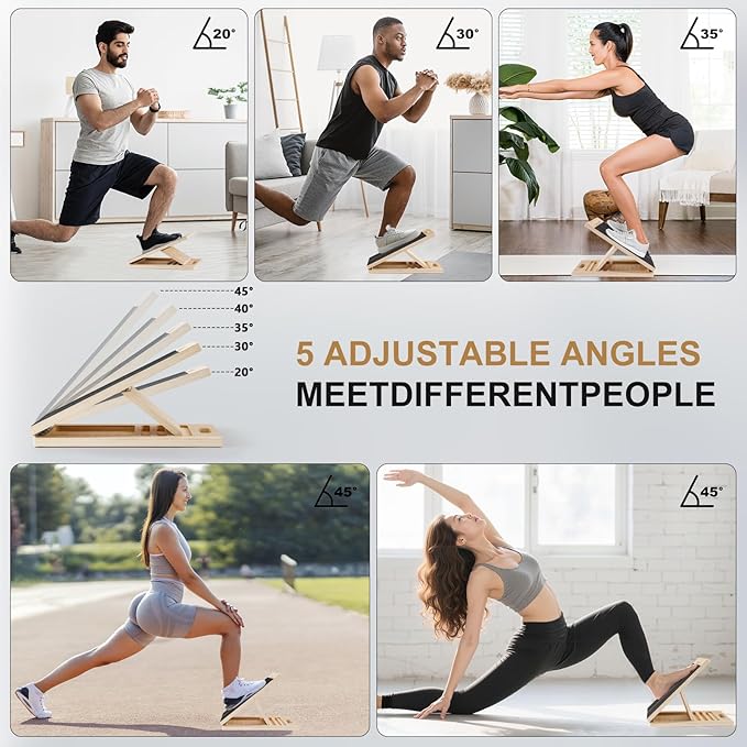 Slant Board for Calf Stretching,Calf Stretcher Adjustable Portable Wooden Foldable,5-Level Incline,2 Resistance Bands,300lb Weight Capacity,for Calf,Achilles,Ankle,Squats,Physical Therapy Exercise